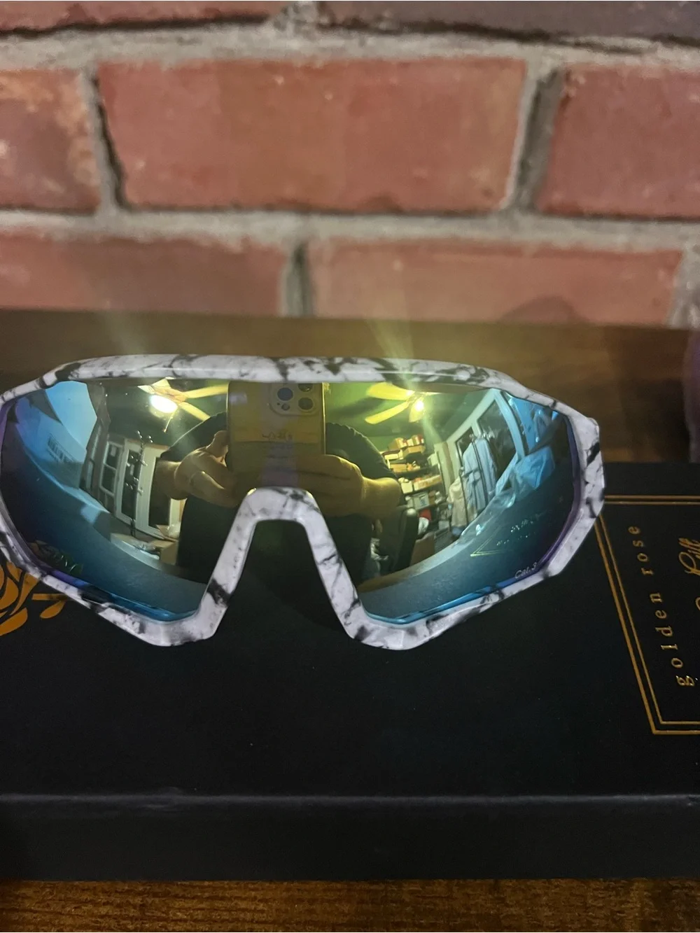 Mirrored Sport Shield Sunglasses in Marble White Frame